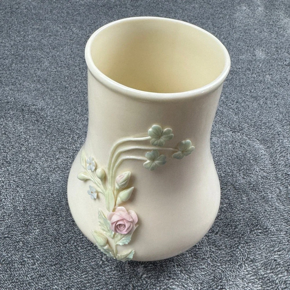 VTG Belleek Ireland Parian China Vase Pink‎ Rose Blue Flower Shamrock Green Mark